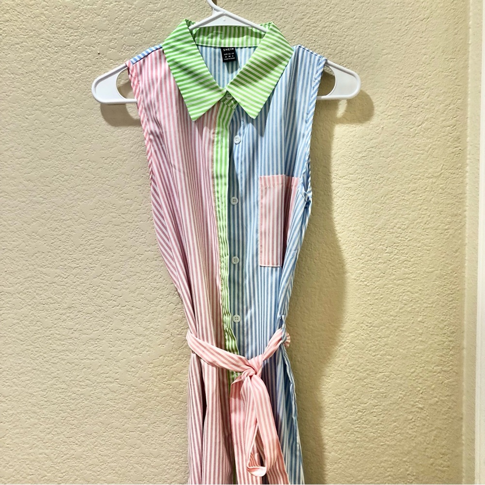 SHEIN Pastel Striped Shirt Midi Dress in Pink, Blue, Green
